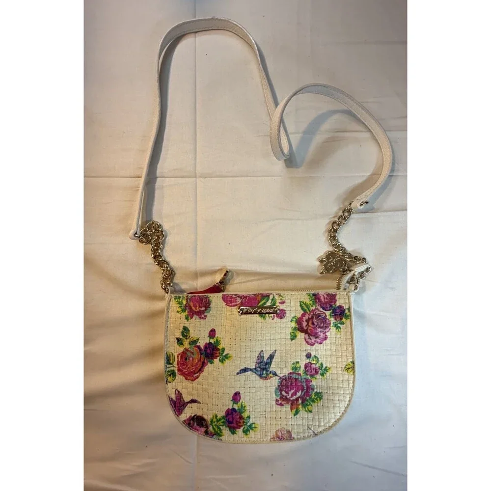 🌸🕊️ Betsey Johnson Crossbody Purse | Basket Weave | Hummingbird & Floral Print